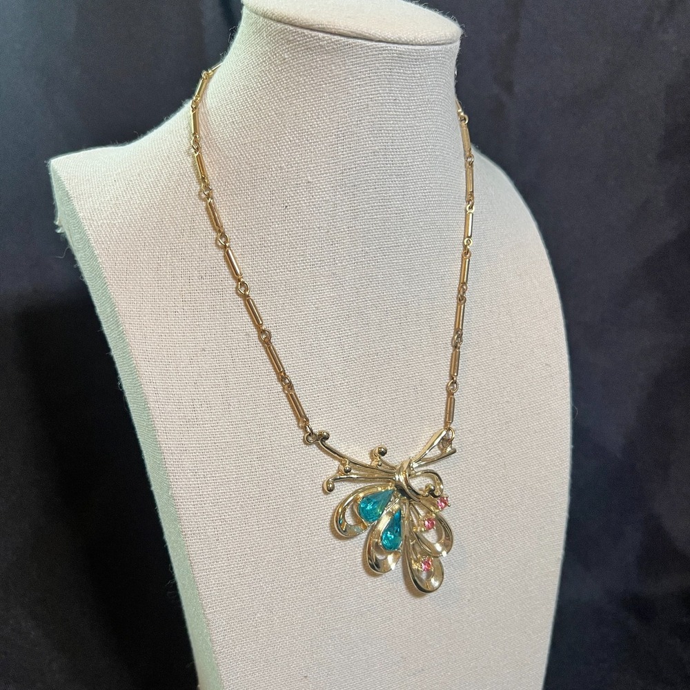 Vintage Gold Tone Statement Necklace Aqua & Pink Stones 1950s Atomic MCM Retro